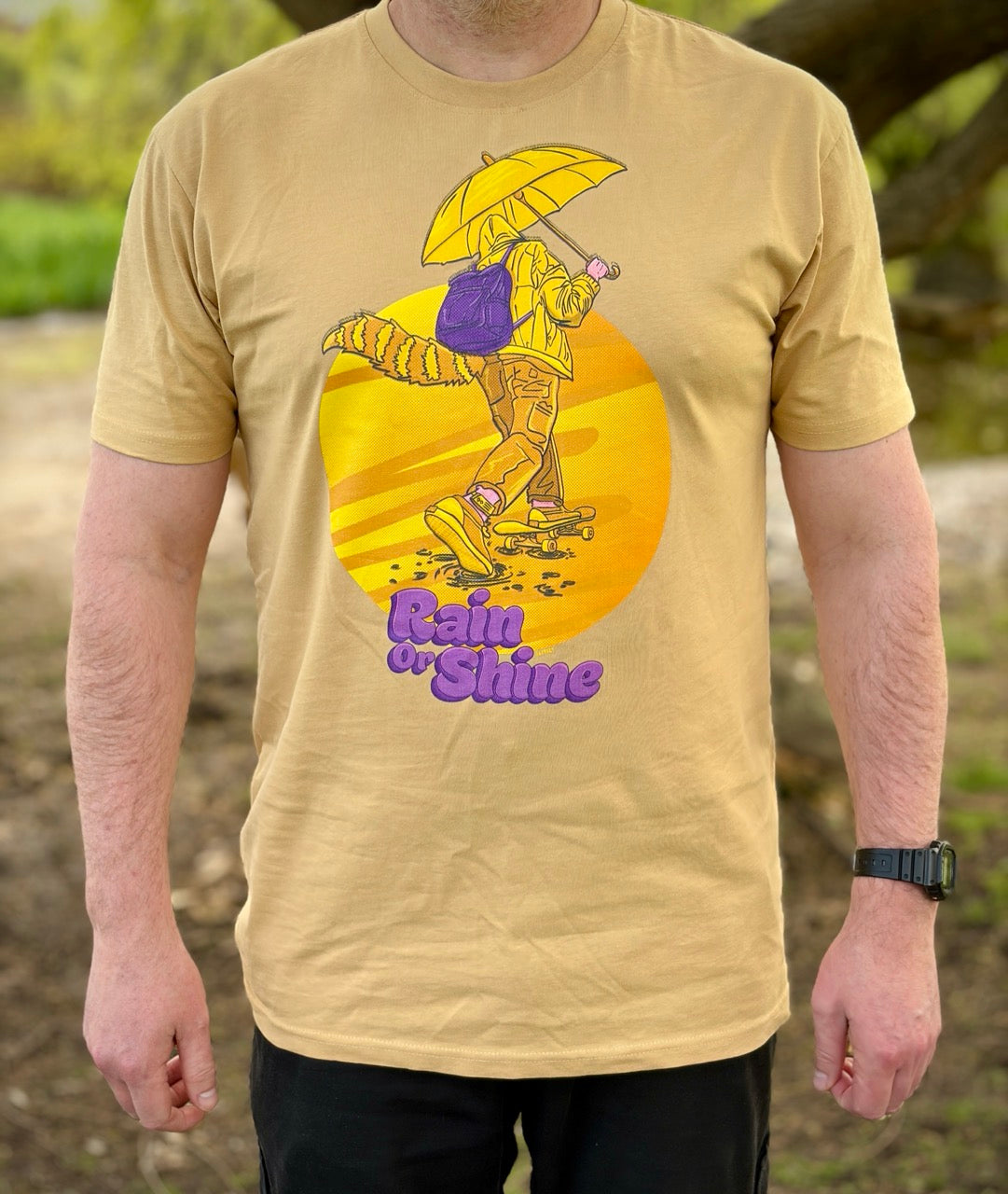 yellow "Rain or Shine" shirt
