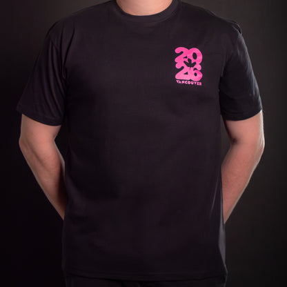 2026 Jarvsky Vancouver Soccer Series “At Night" - Pink Glow Black Shirt Front